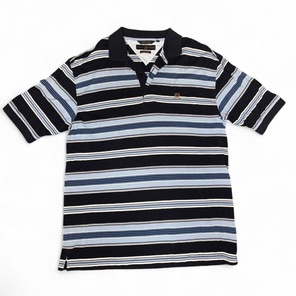 Vintage Tommy Hilfiger Navy and Light Blue Striped Golf Polo size Medium